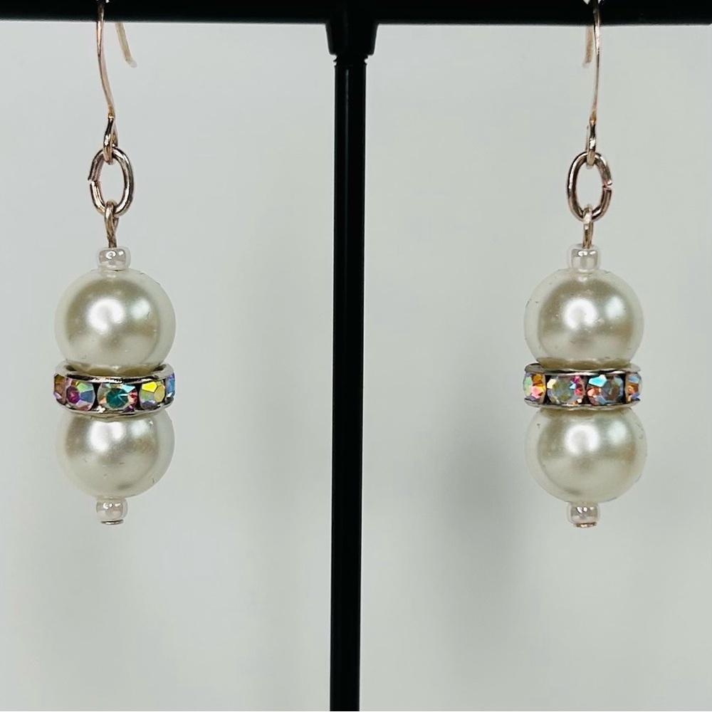 HAND CRAFTED Pearl EARRINGS White Silver Czech Crystal Rondelle Drop NWT - Picture 2 of 10